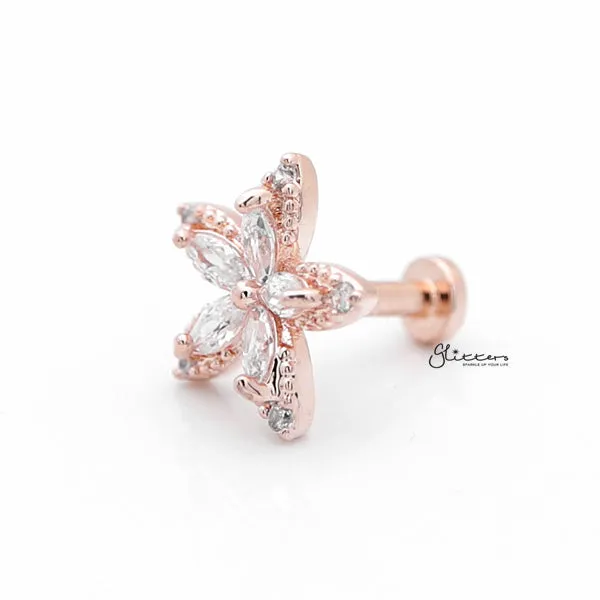 C.Z Flower Internally Threaded Top Cartilage/Tragus Flat Back Stud - Rose Gold