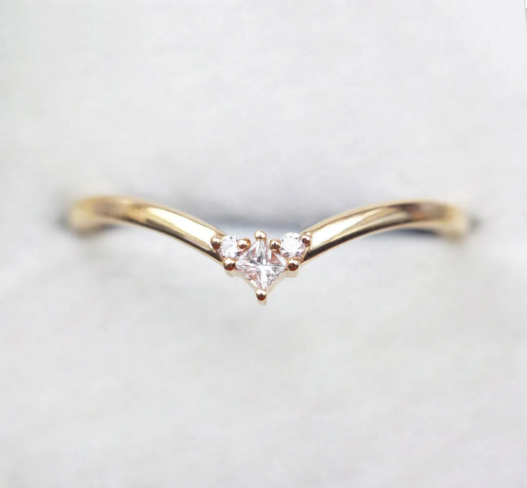 Diamond Wedding Band, Chevron Ring, Rose Gold Ring, V Shaped Ring, Platinum Curved Nesting Band