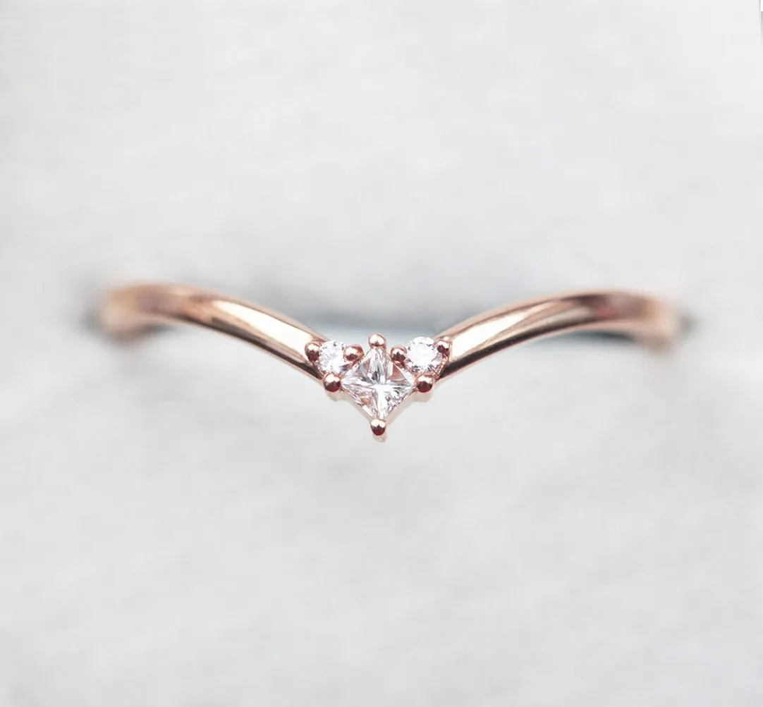 Diamond Wedding Band, Chevron Ring, Rose Gold Ring, V Shaped Ring, Platinum Curved Nesting Band