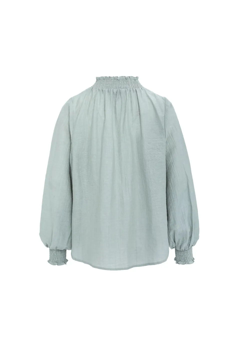 Embrace Sage Crinkle LS High Neck Shirred Puff Sleeve Top