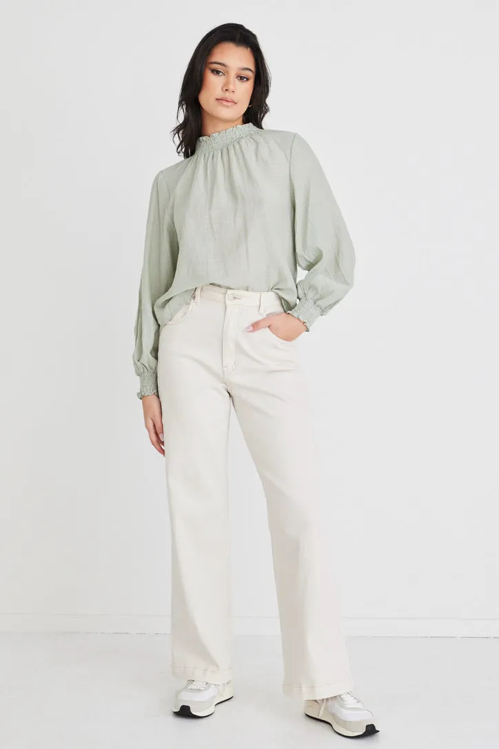 Embrace Sage Crinkle LS High Neck Shirred Puff Sleeve Top