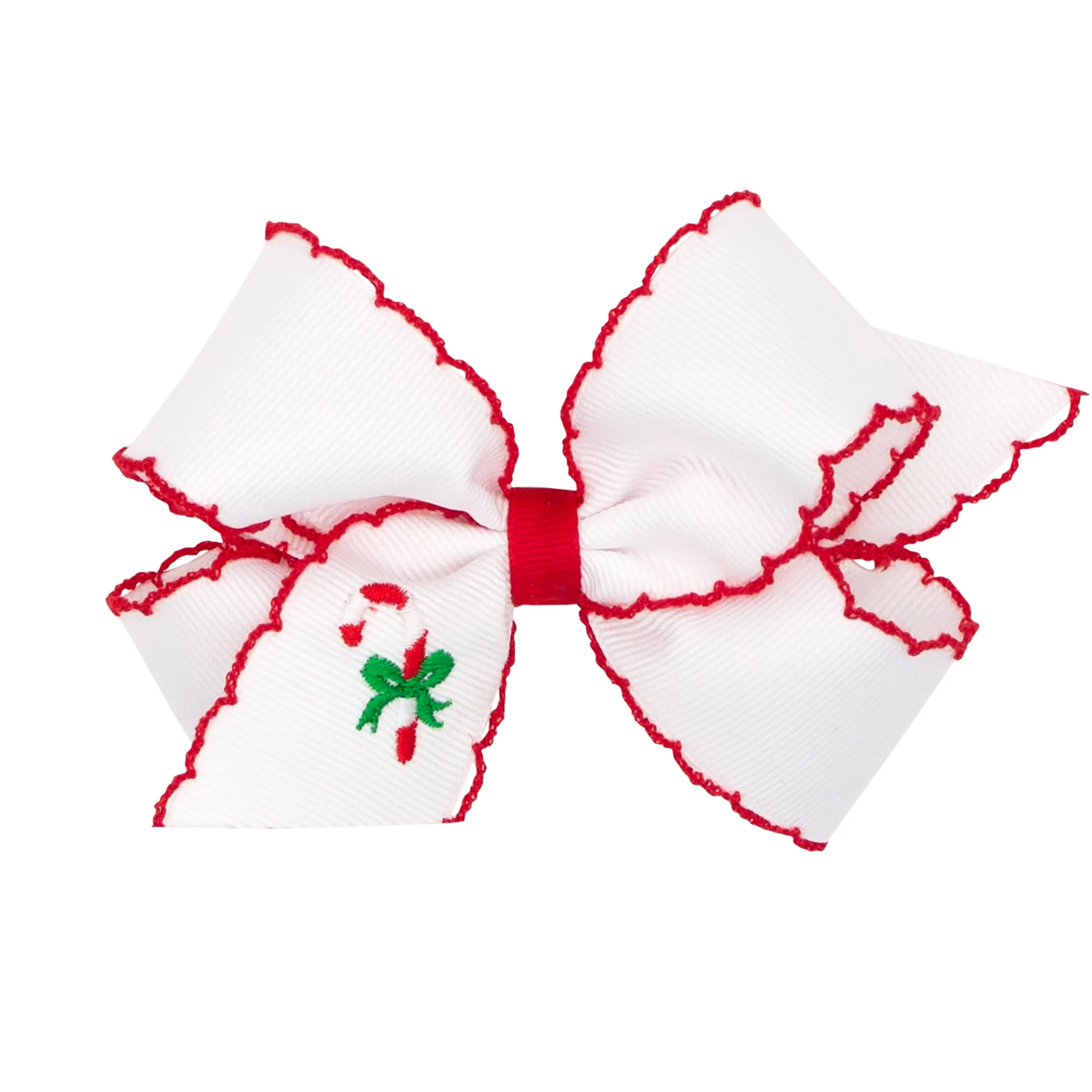 Embroidered Moonstitch Grosgrain Hair Bow on Clippie - Candy Cane