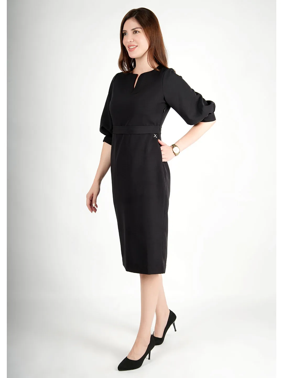 Exude Bright Low 3/4 Puff Sleeve Dress (Black)