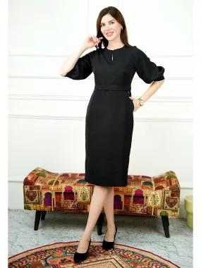 Exude Bright Low 3/4 Puff Sleeve Dress (Black)