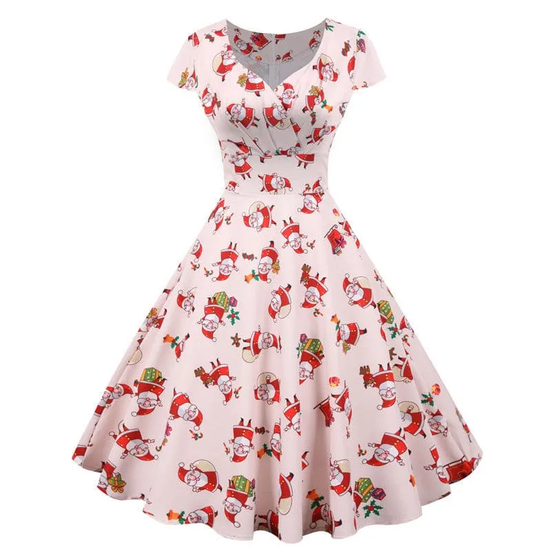 Festive Christmas Short Sleeve Party Dress with Santa Claus Print