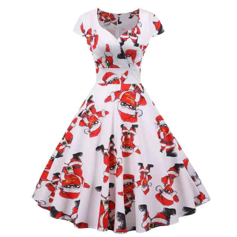 Festive Christmas Short Sleeve Party Dress with Santa Claus Print