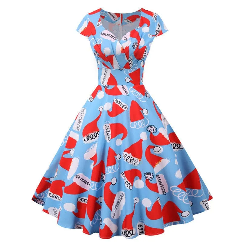 Festive Christmas Short Sleeve Party Dress with Santa Claus Print