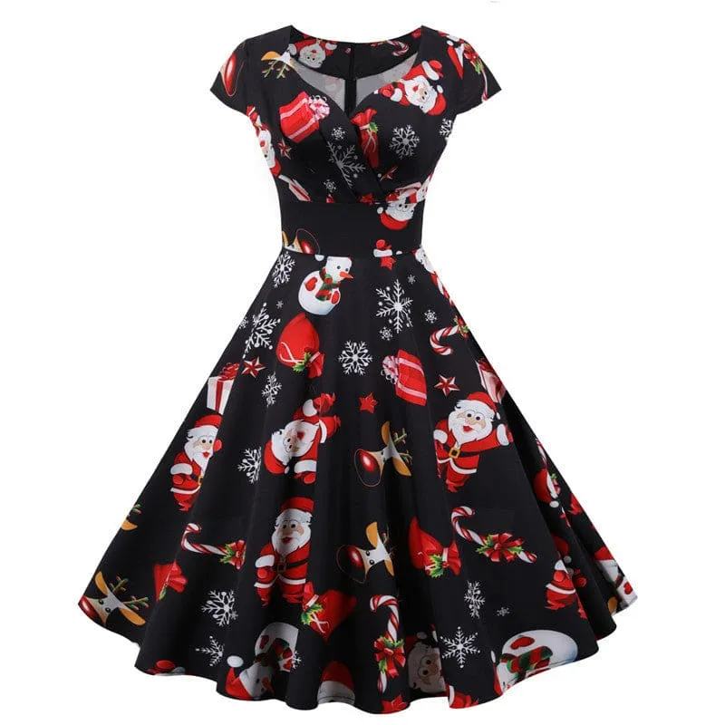 Festive Christmas Short Sleeve Party Dress with Santa Claus Print