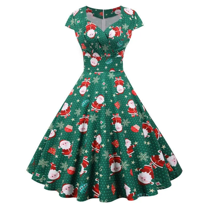 Festive Christmas Short Sleeve Party Dress with Santa Claus Print