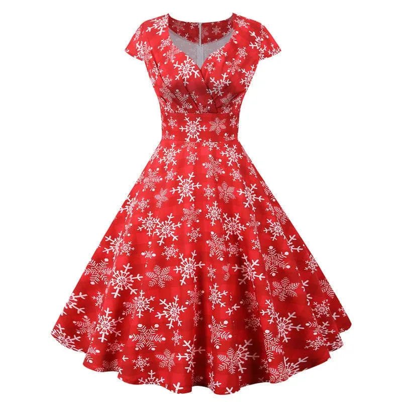 Festive Christmas Short Sleeve Party Dress with Santa Claus Print