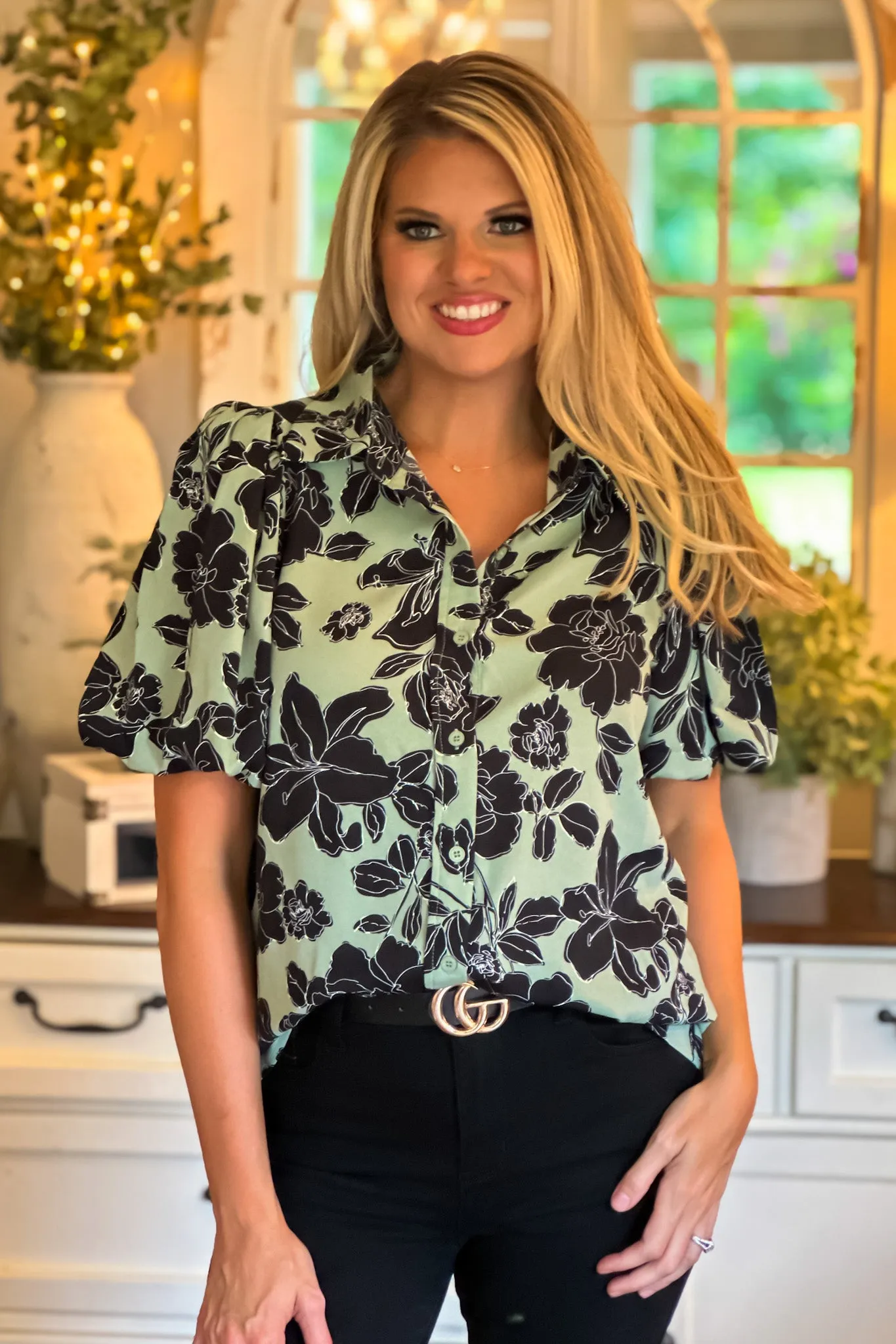 Floral Faith Button Down Balloon Puff Sleeve Top : Sage/Black