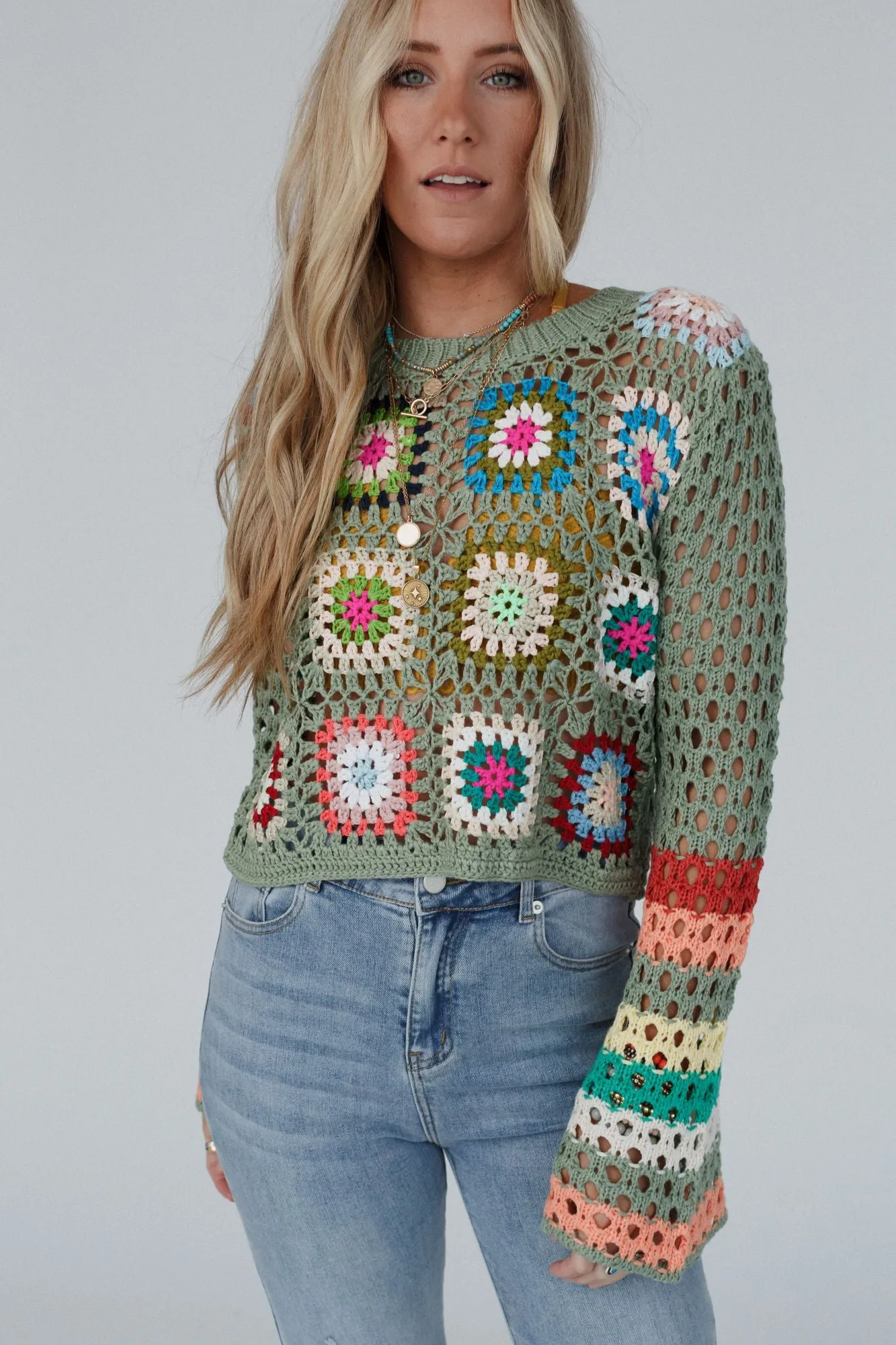 Flower Drops Crochet Sweater - Sage