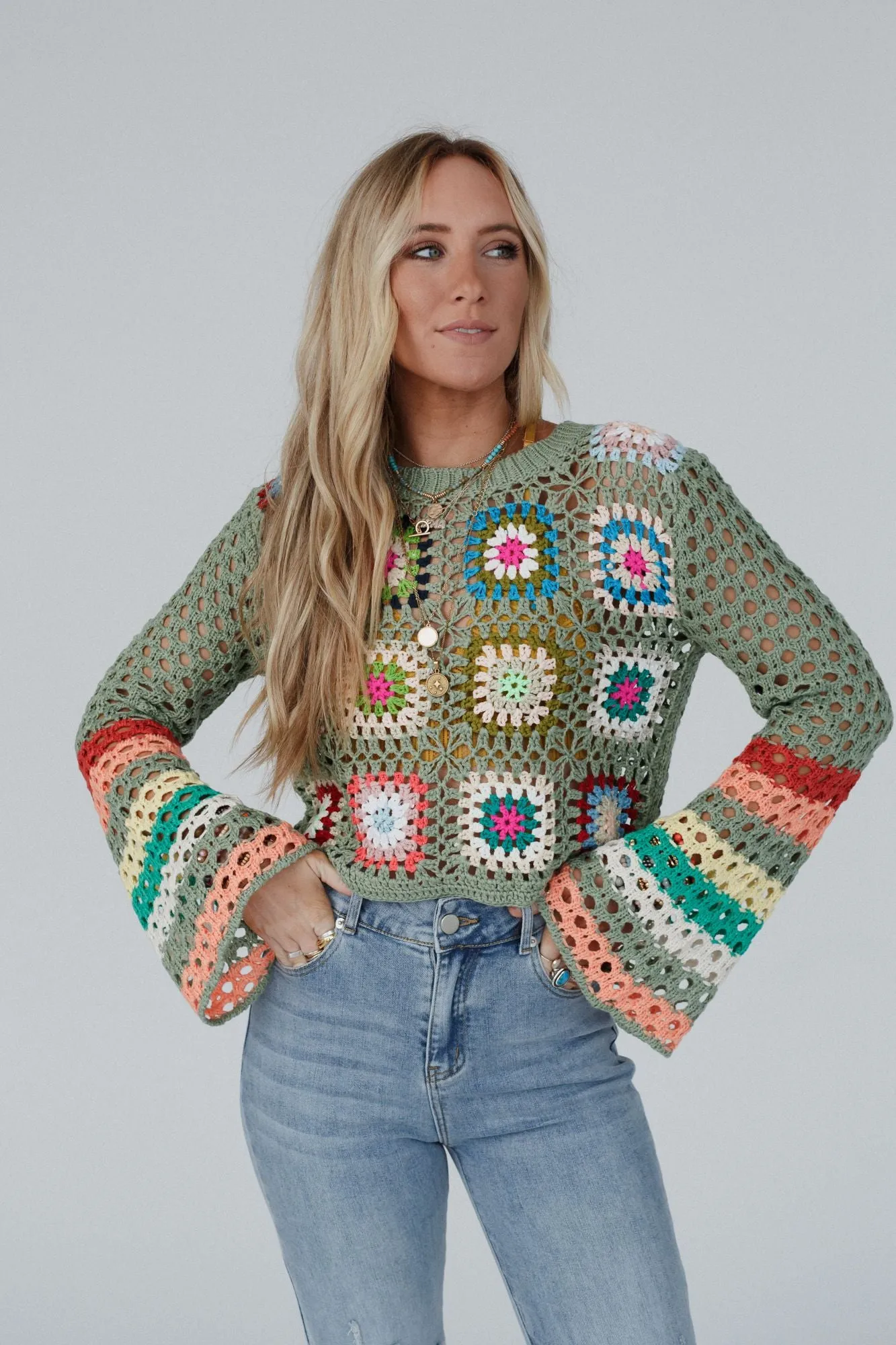 Flower Drops Crochet Sweater - Sage