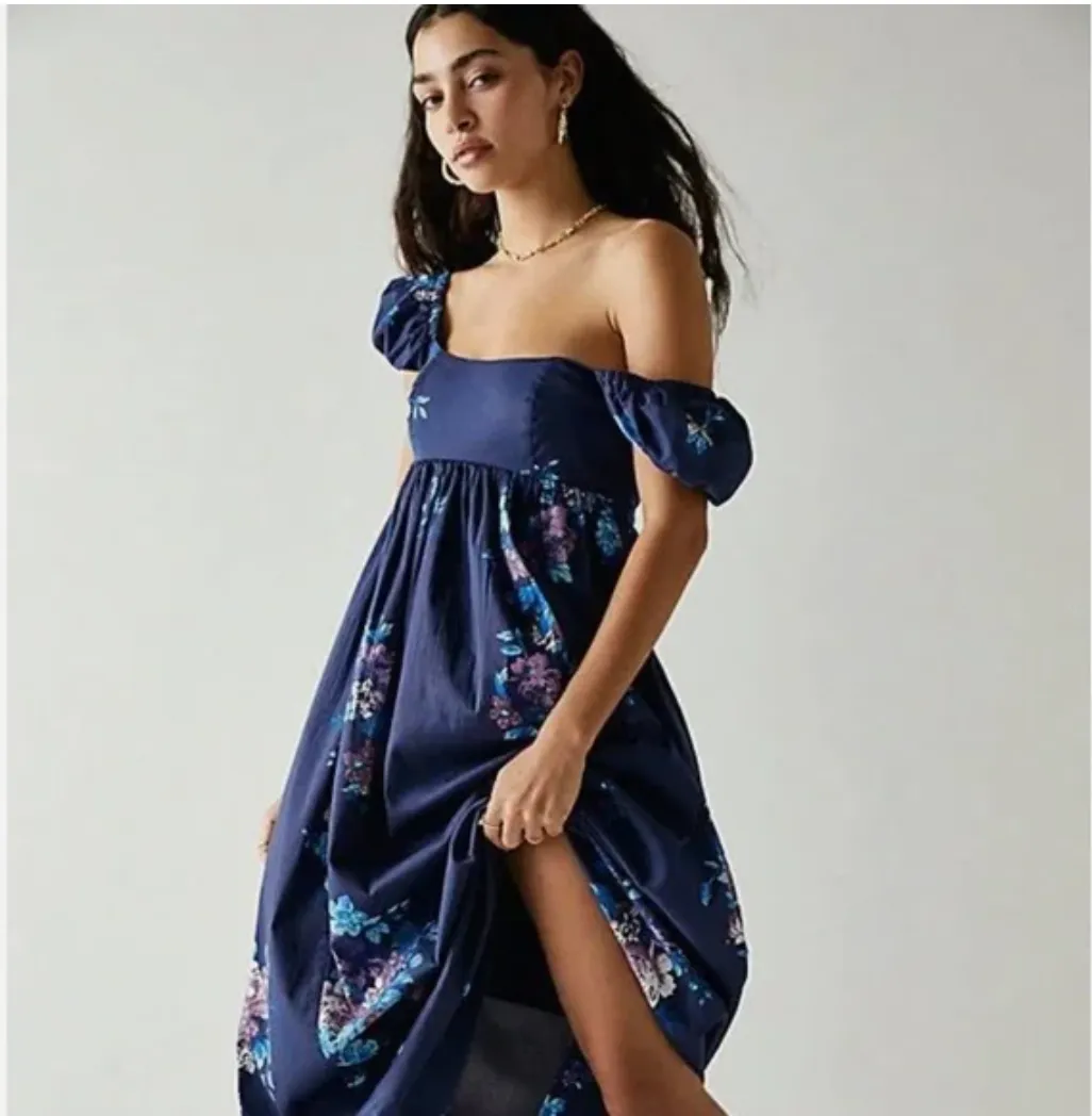 Free People x Linda Lou blue floral Poplin Dress UK L