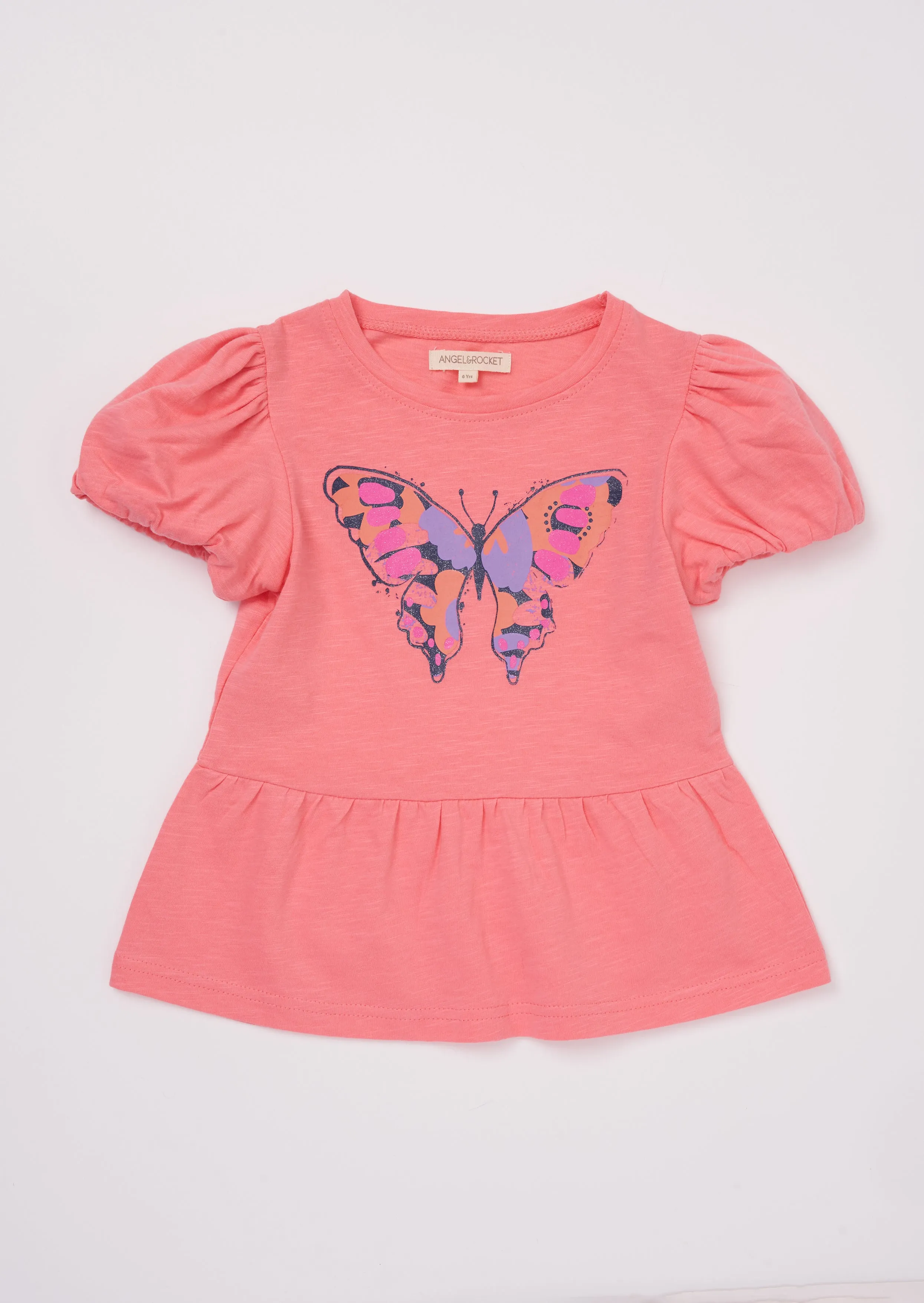 Girls Butterfly Printed Pink Top with Puff Sleeves