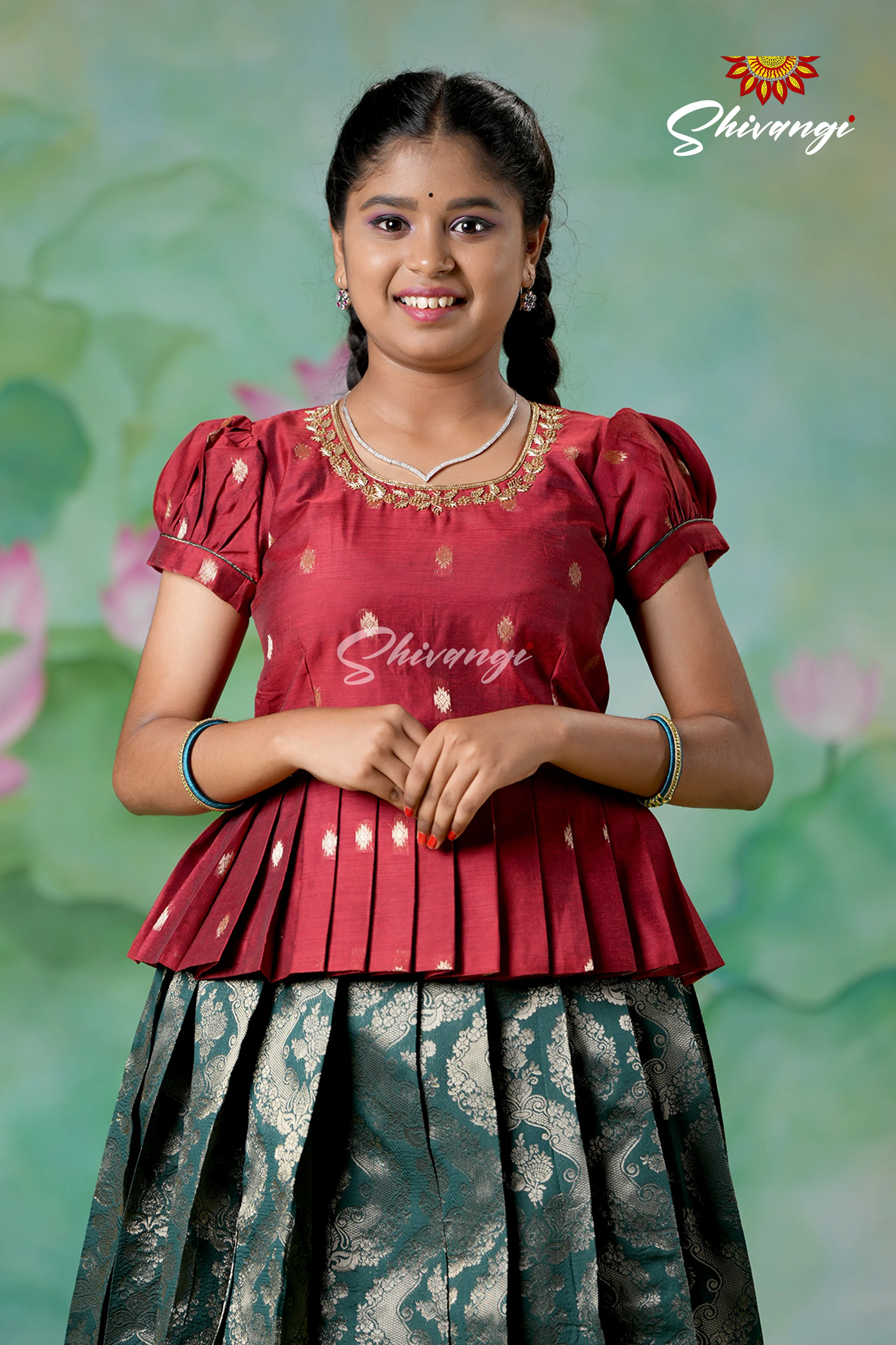 Girls Dark Green Golden Cocoon EMB Pattu Pavadai Designs | Langa !!!