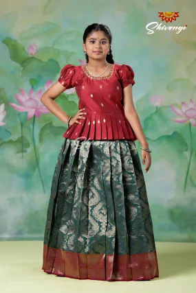 Girls Dark Green Golden Cocoon EMB Pattu Pavadai Designs | Langa !!!