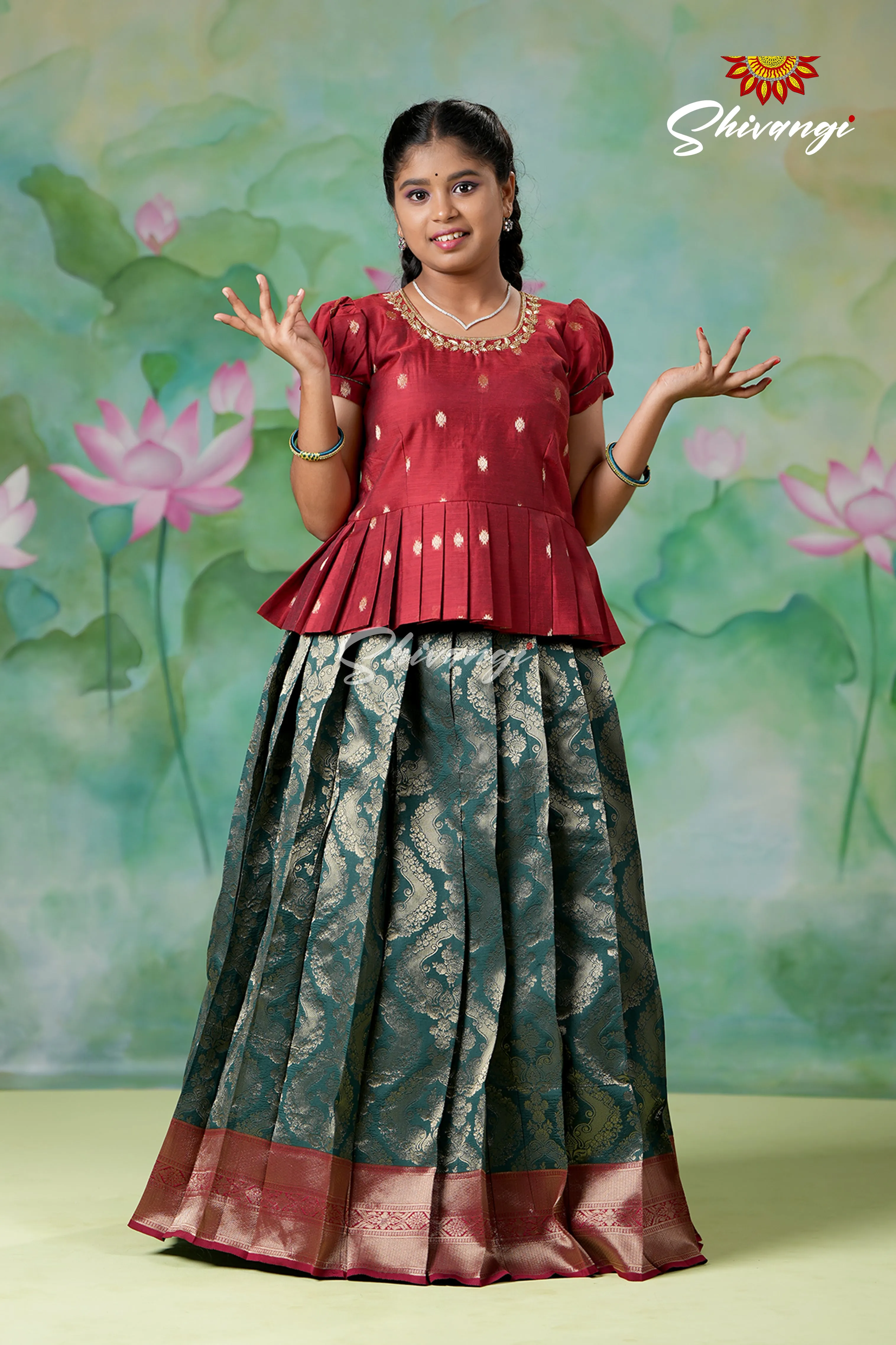 Girls Dark Green Golden Cocoon EMB Pattu Pavadai Designs | Langa !!!