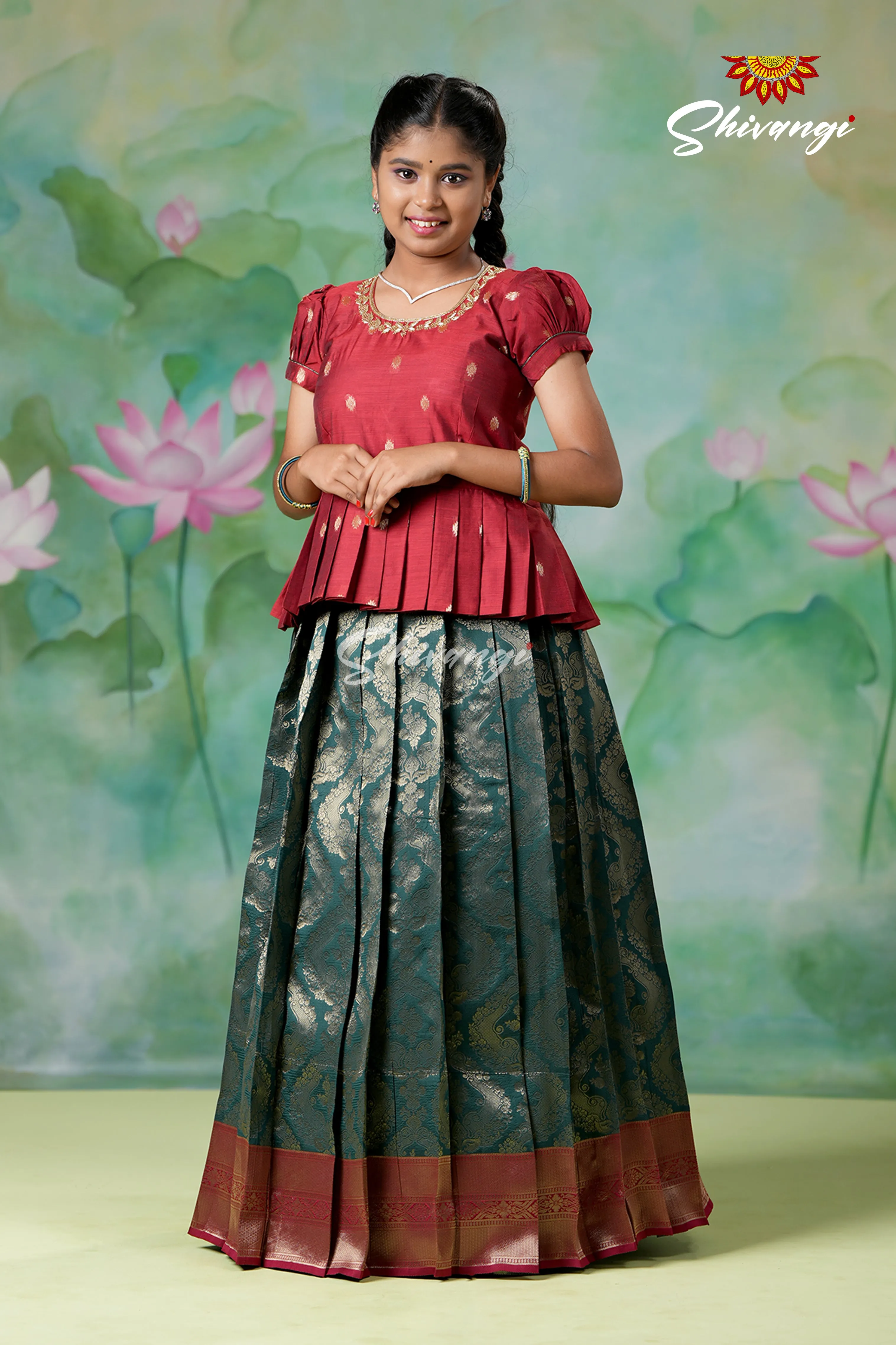 Girls Dark Green Golden Cocoon EMB Pattu Pavadai Designs | Langa !!!