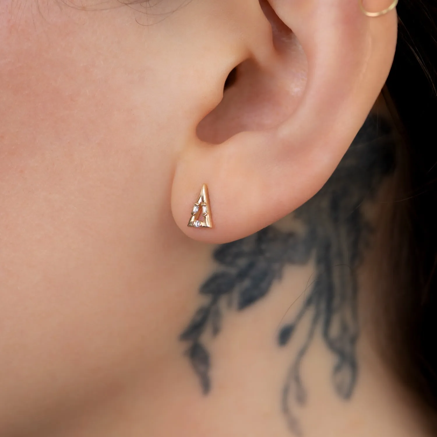 Golden Pyramid Studs with Baguette Cut Diamonds