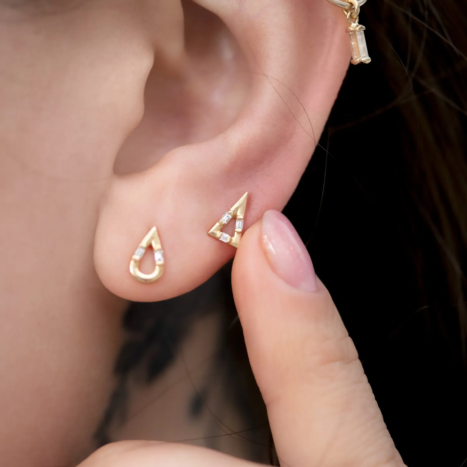 Golden Pyramid Studs with Baguette Cut Diamonds