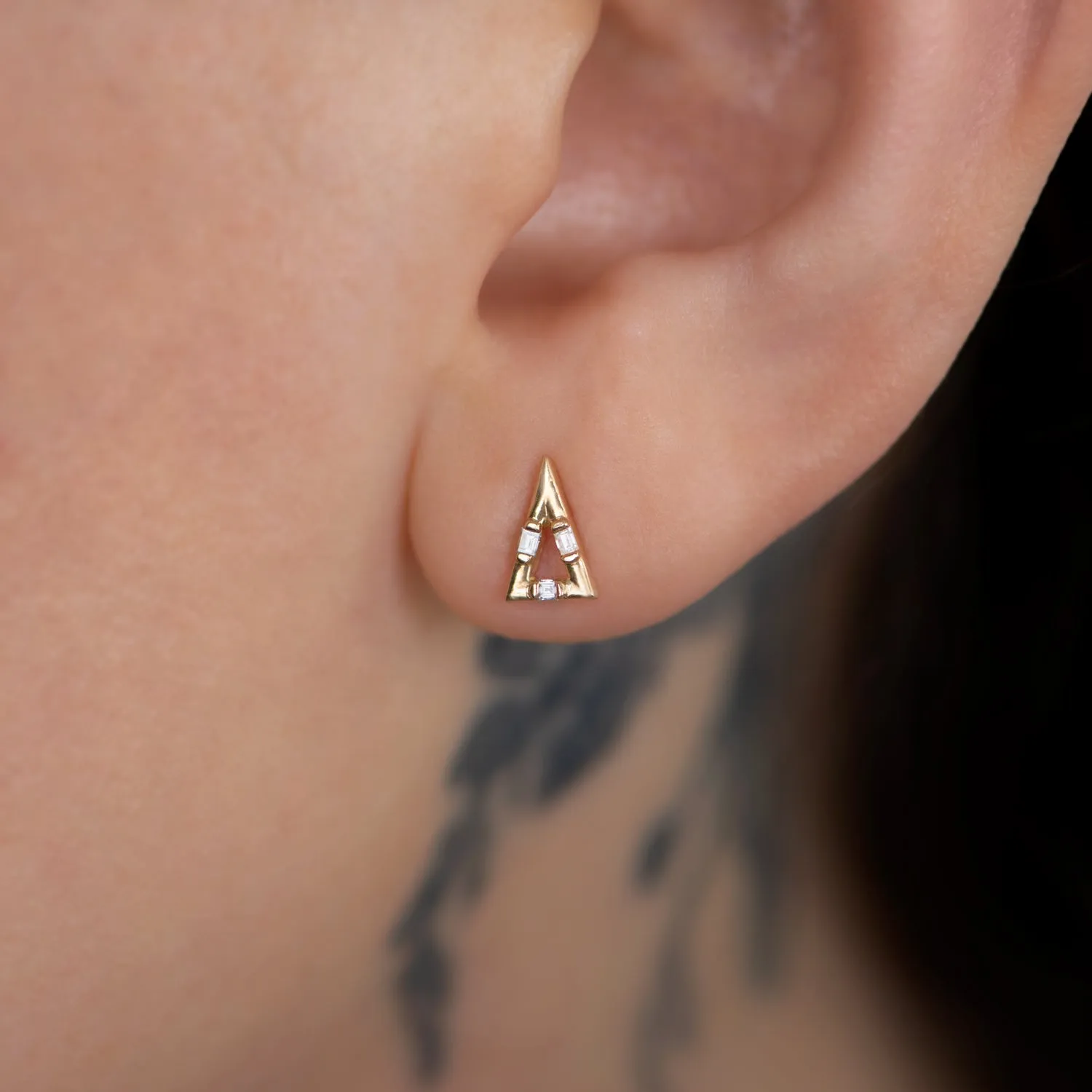 Golden Pyramid Studs with Baguette Cut Diamonds