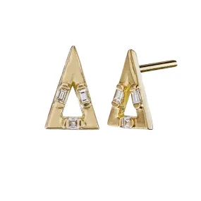 Golden Pyramid Studs with Baguette Cut Diamonds