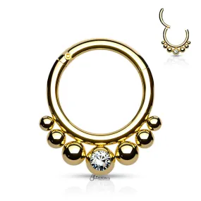 Graduated Balls and Bezel Set Crystal Center Segment Hoop Ring - Gold