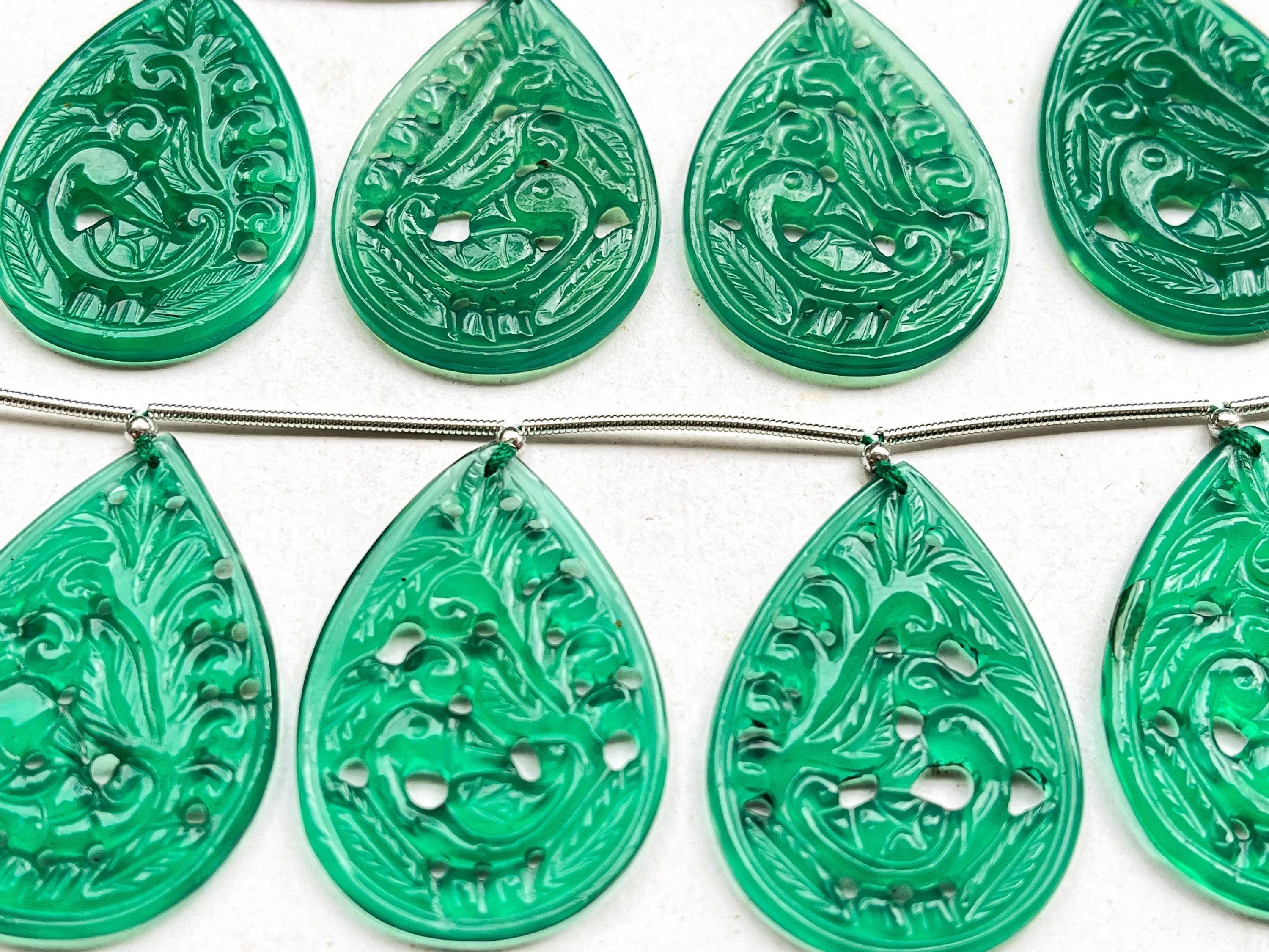 Green Onyx carved pair pear shape beads, Green Onyx window carving