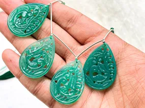 Green Onyx carved pair pear shape beads, Green Onyx window carving