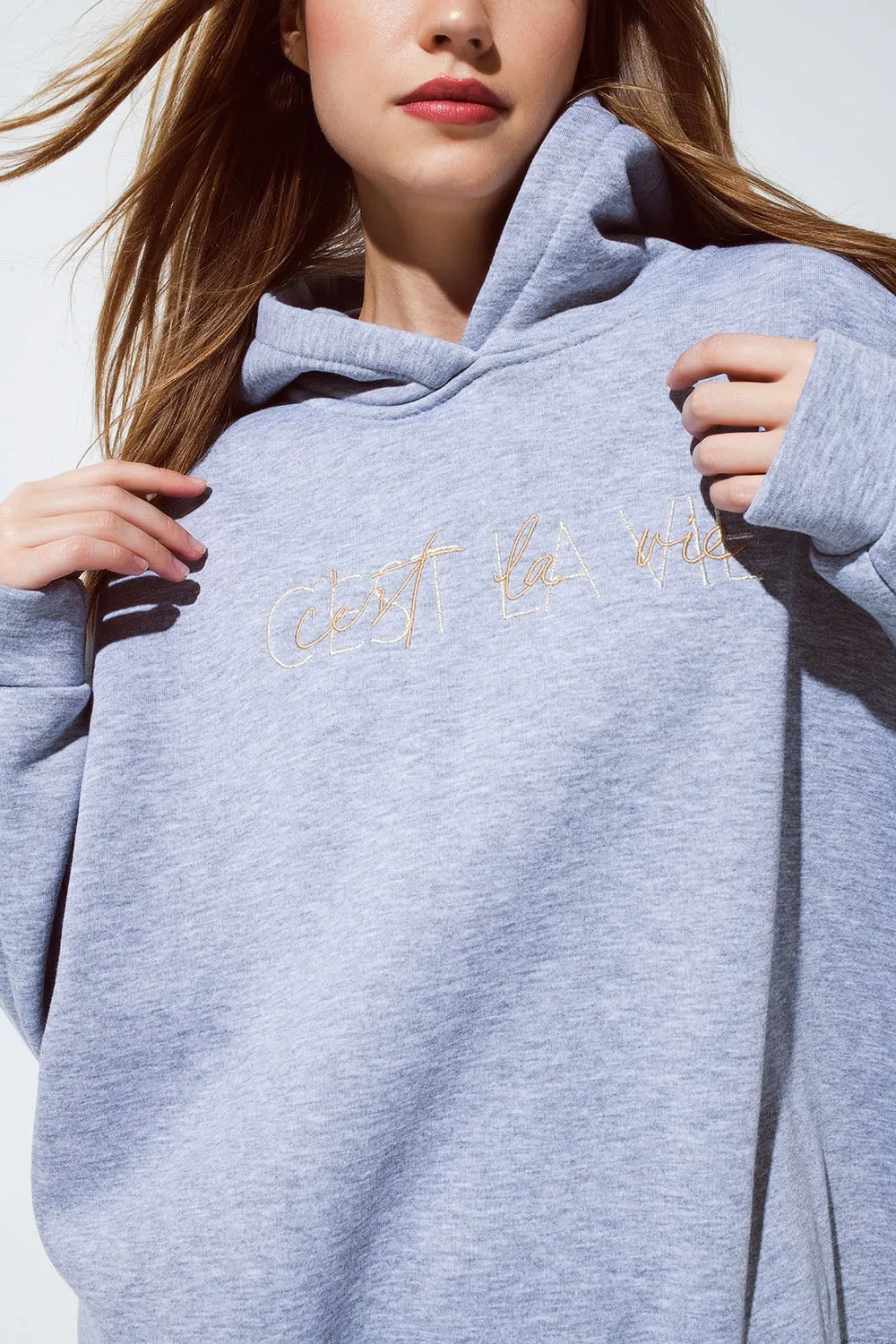 Grey Color Hoodie with Embroidered Cést La Vie Text