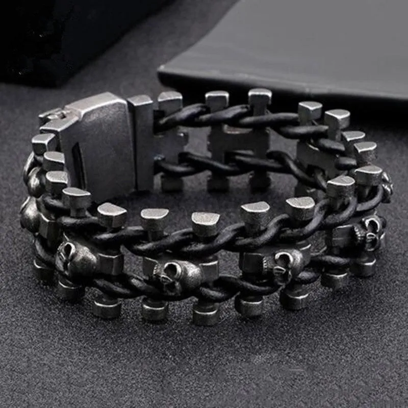 Gunmetal Stainless Steel Leather Skull Biker Chain Bracelet