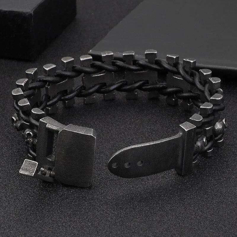 Gunmetal Stainless Steel Leather Skull Biker Chain Bracelet