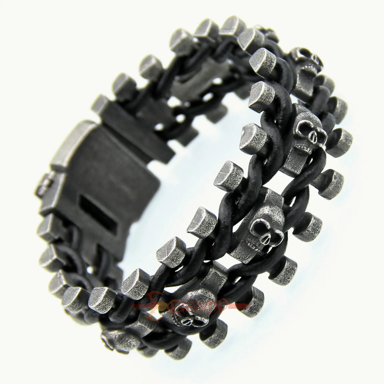 Gunmetal Stainless Steel Leather Skull Biker Chain Bracelet