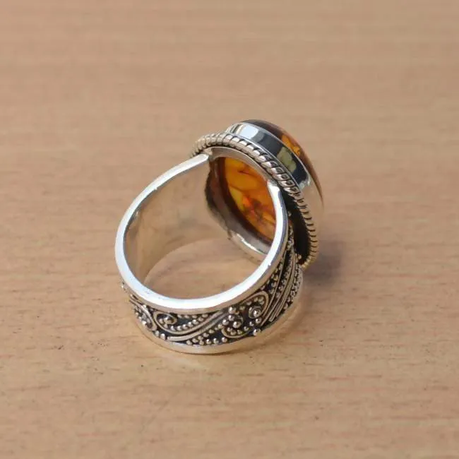 Handmade Amber Ring in Sterling Silver