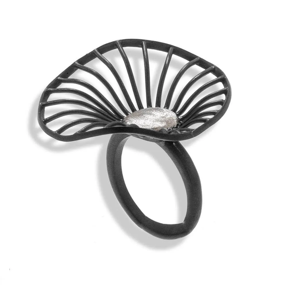 Handmade Black Plated Silver Flower Ring