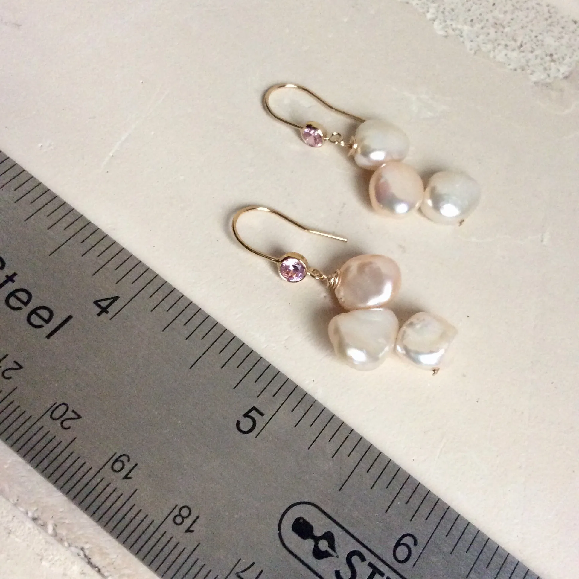 Keshi Pearl Drop Earrings, Gold Filled Hook Earrings with Pink Cubic Zirconia