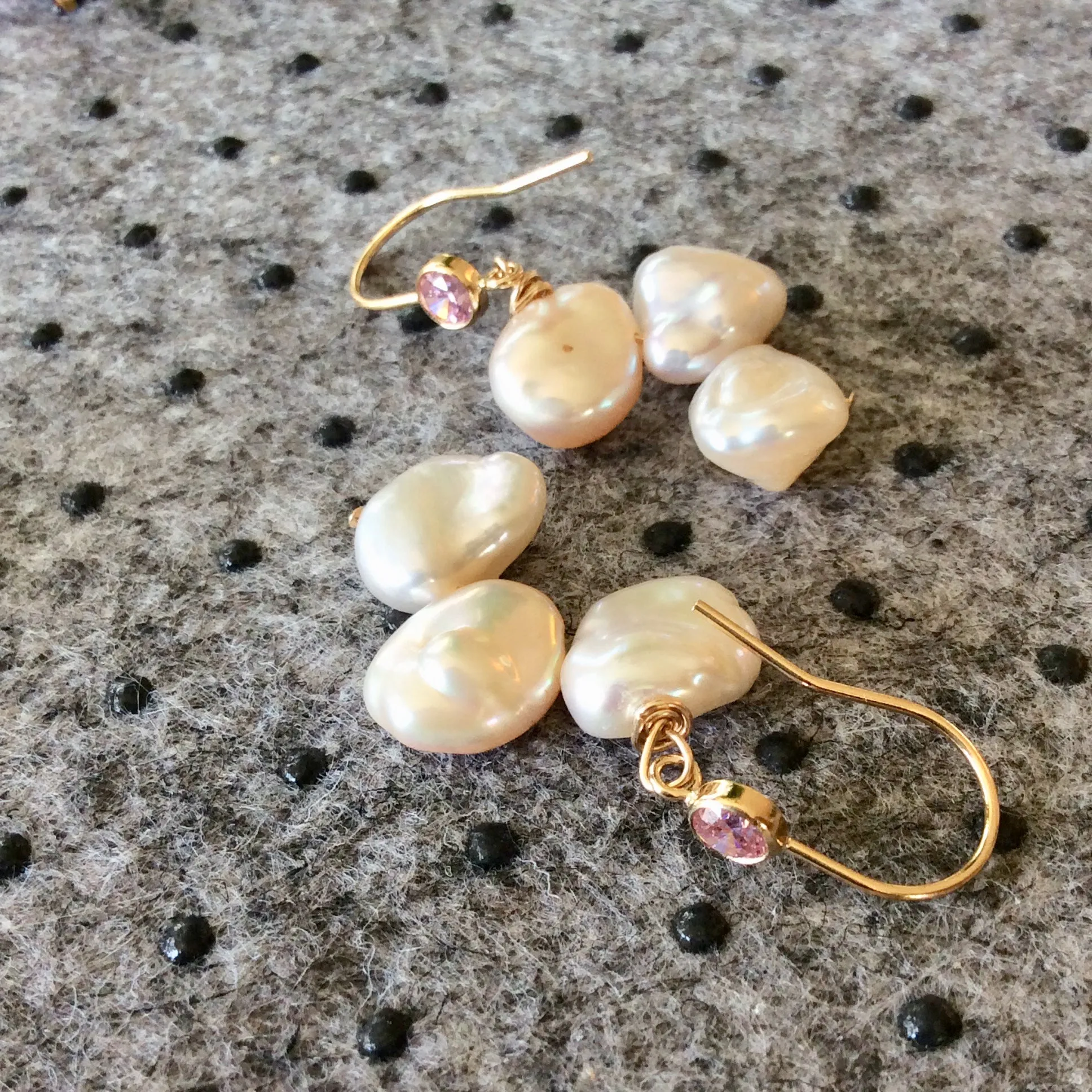 Keshi Pearl Drop Earrings, Gold Filled Hook Earrings with Pink Cubic Zirconia