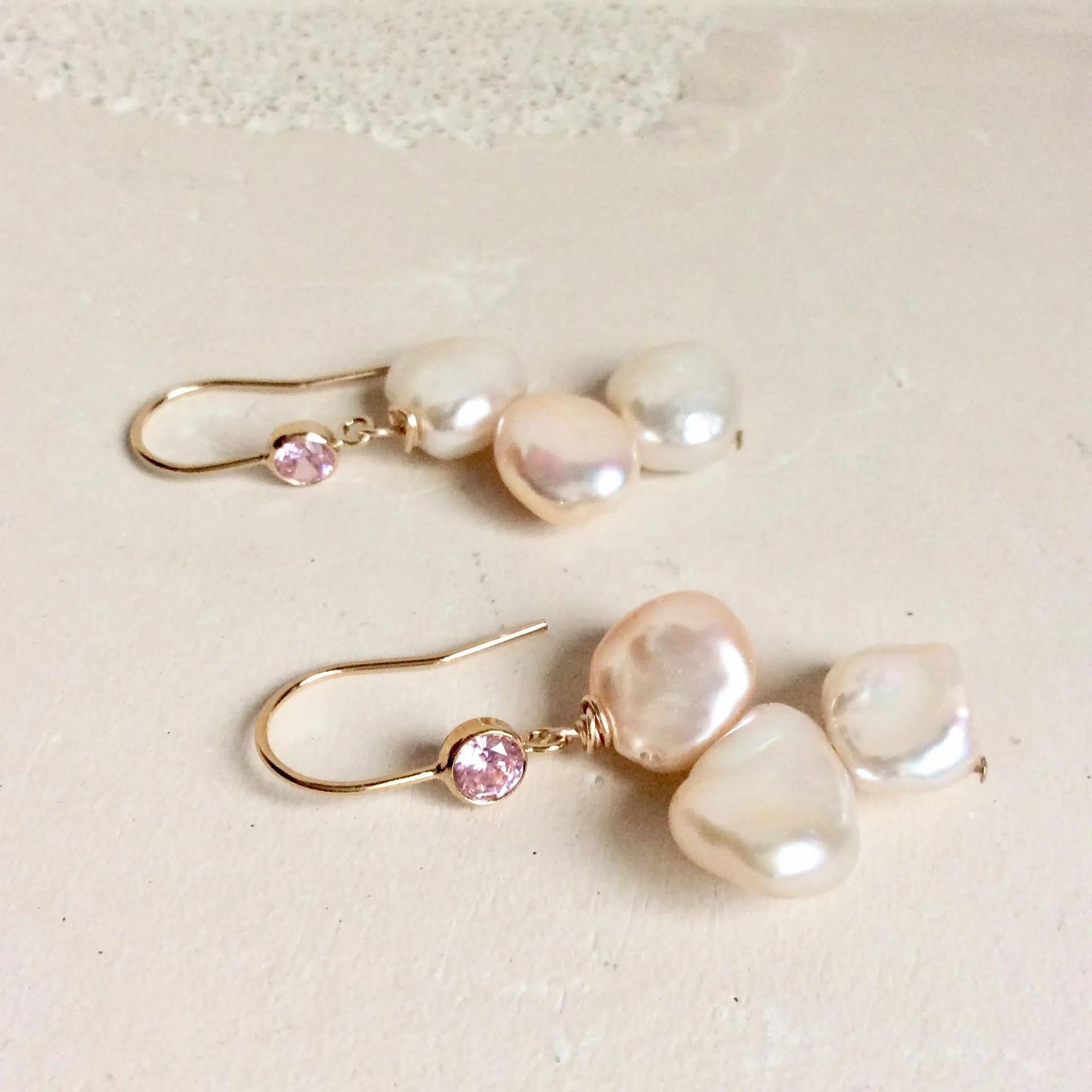 Keshi Pearl Drop Earrings, Gold Filled Hook Earrings with Pink Cubic Zirconia