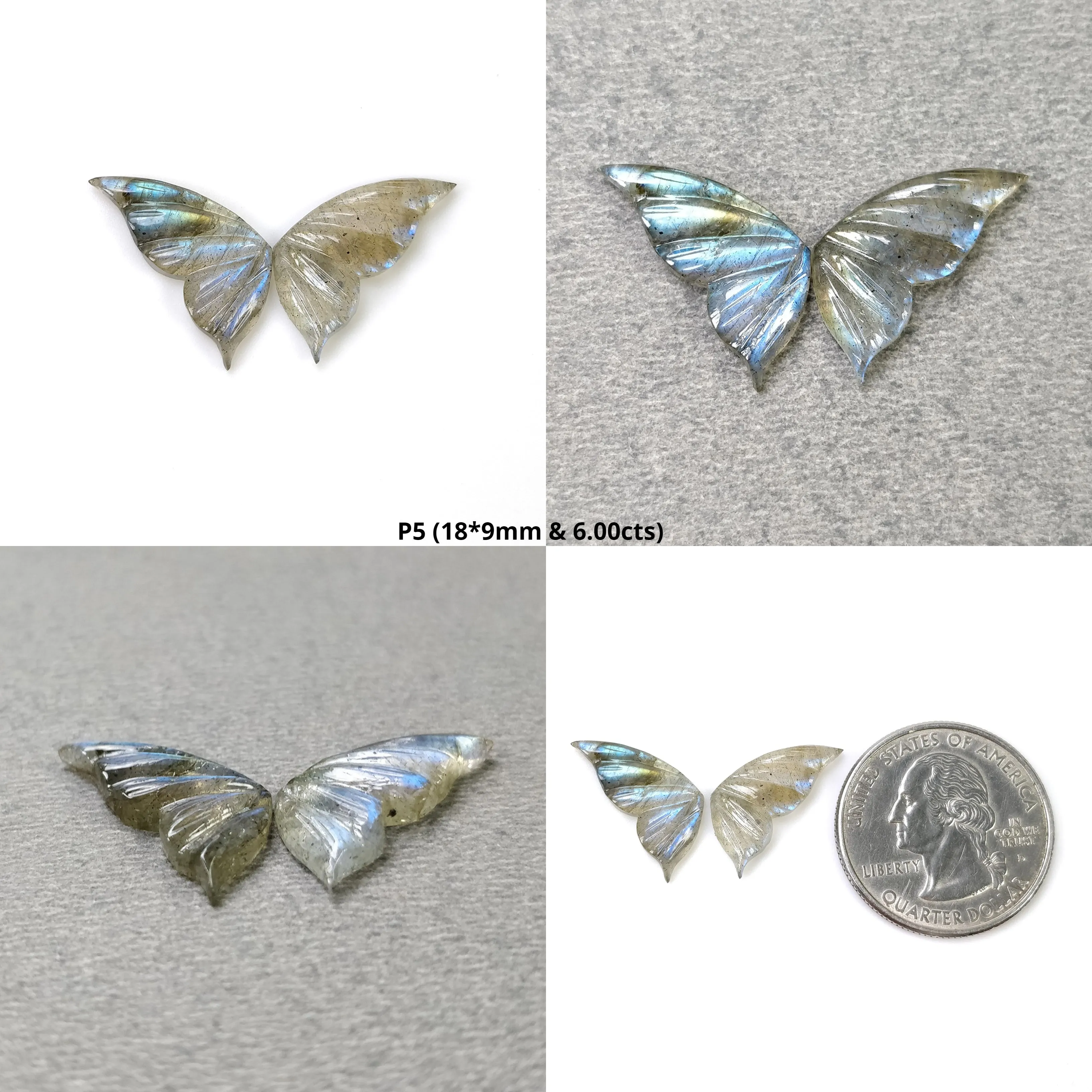 LABRADORITE Gemstone Carving : Natural Untreated Unheated Labradorite Gemstone Hand Carved Butterfly Pair (With Video)