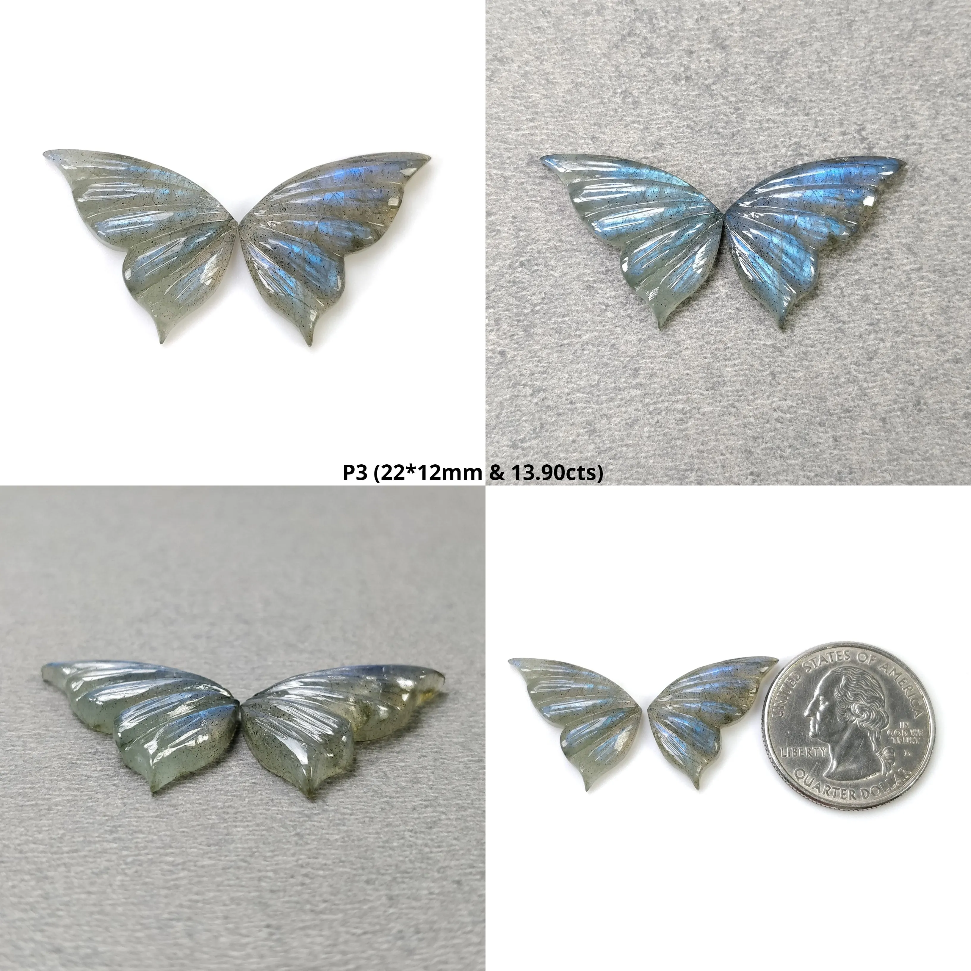 LABRADORITE Gemstone Carving : Natural Untreated Unheated Labradorite Gemstone Hand Carved Butterfly Pair (With Video)