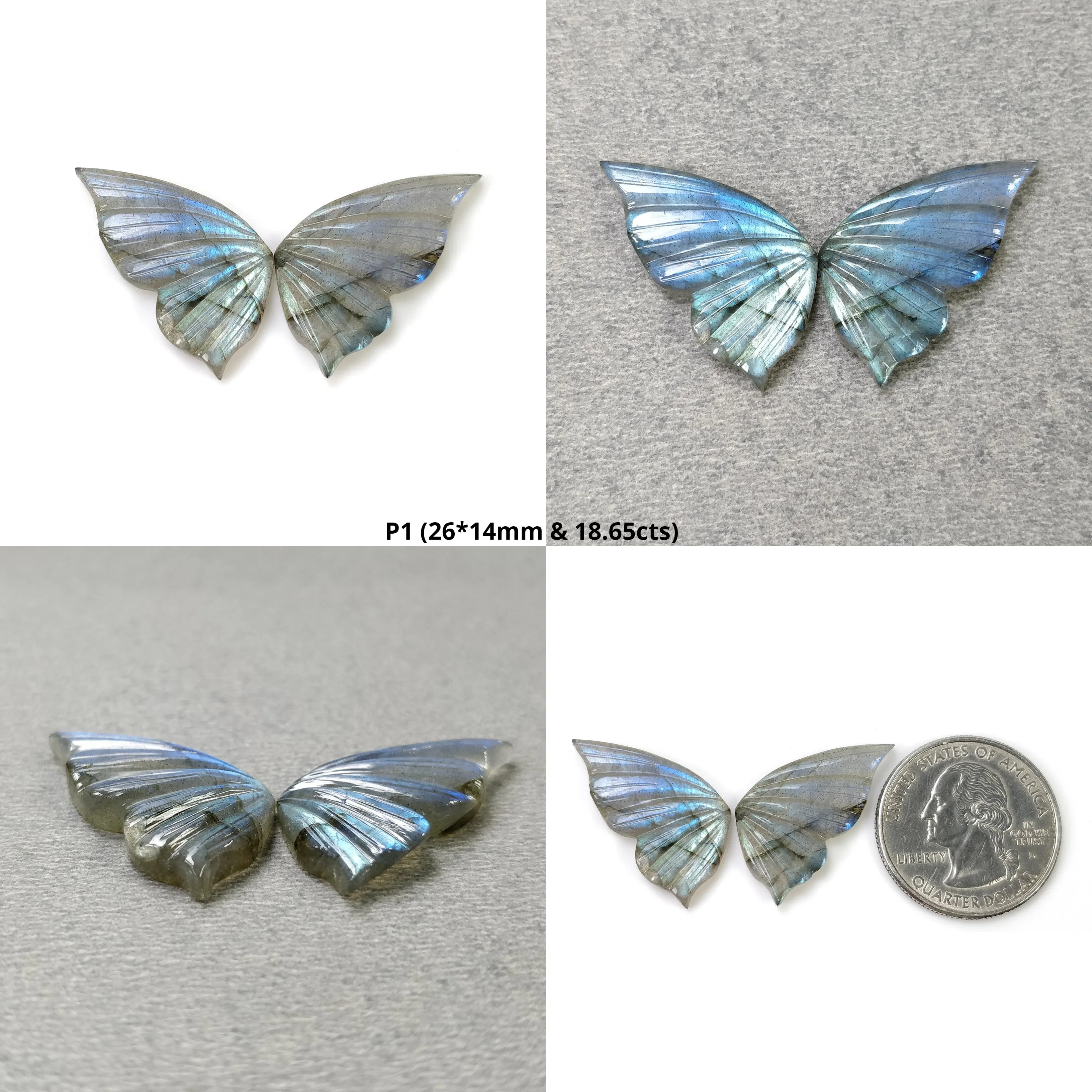 LABRADORITE Gemstone Carving : Natural Untreated Unheated Labradorite Gemstone Hand Carved Butterfly Pair (With Video)