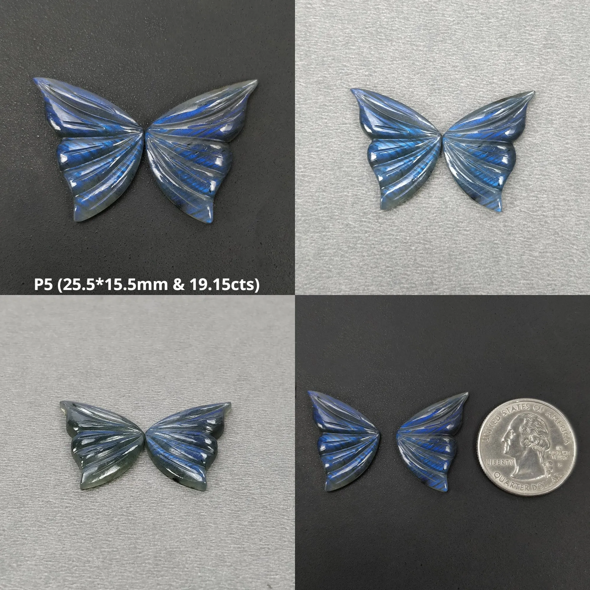 LABRADORITE Gemstone Carving : Natural Untreated Unheated Labradorite Hand Carved Butterfly Sets