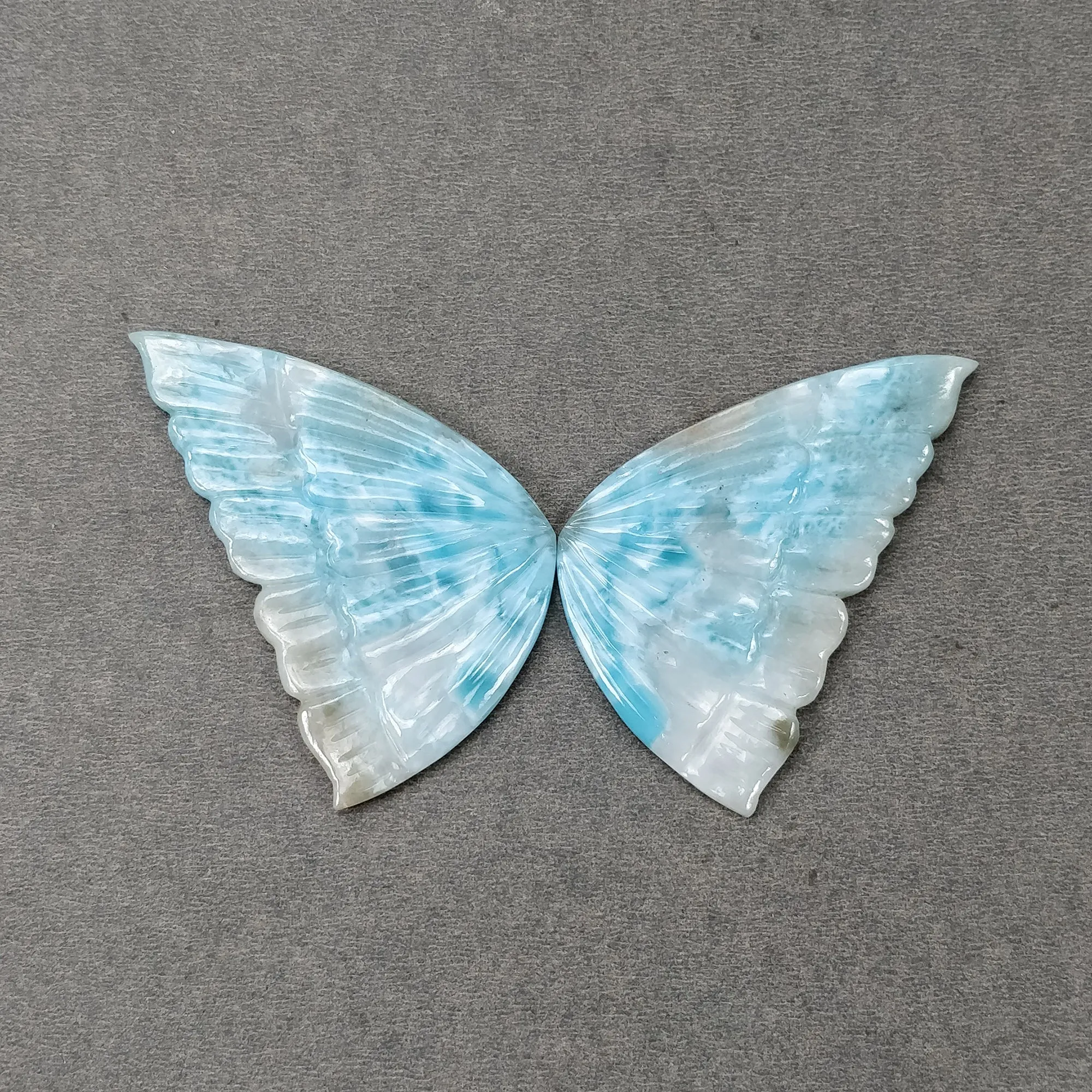 LARIMAR Gemstone Carving : 135.25cts Natural Untreated Unheated Blue Larimar Hand Carved Butterfly 60*35.5mm Pair