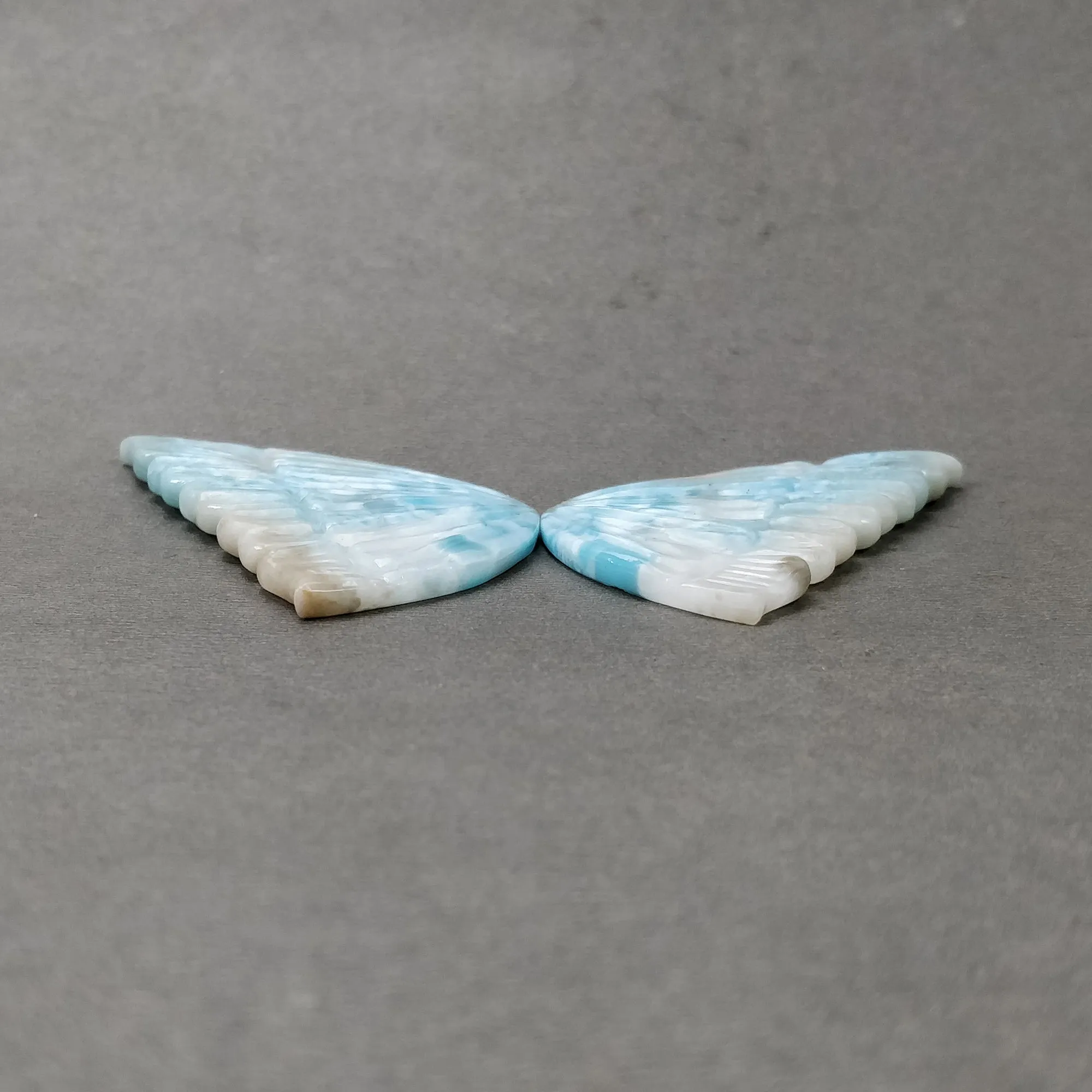 LARIMAR Gemstone Carving : 135.25cts Natural Untreated Unheated Blue Larimar Hand Carved Butterfly 60*35.5mm Pair