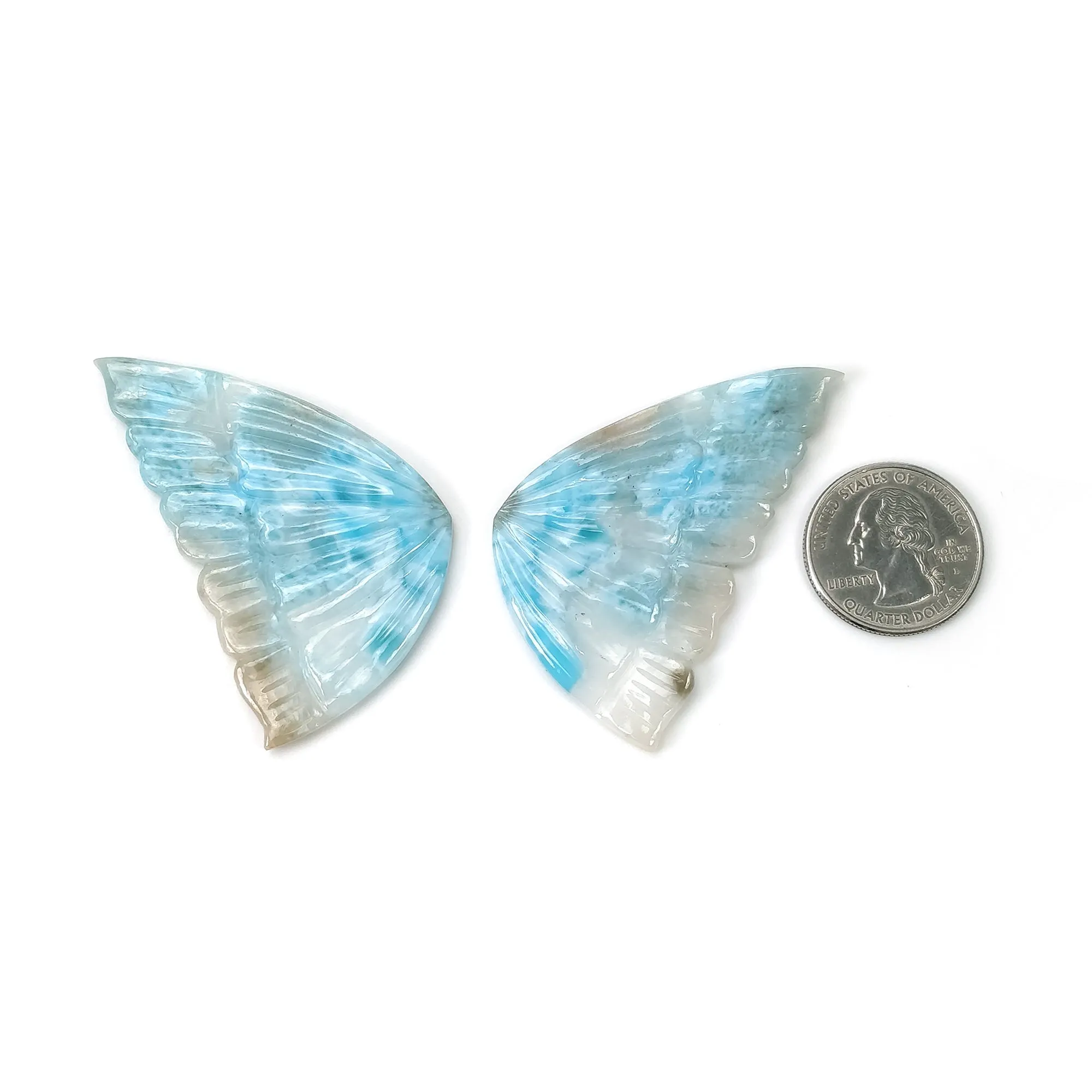 LARIMAR Gemstone Carving : 135.25cts Natural Untreated Unheated Blue Larimar Hand Carved Butterfly 60*35.5mm Pair