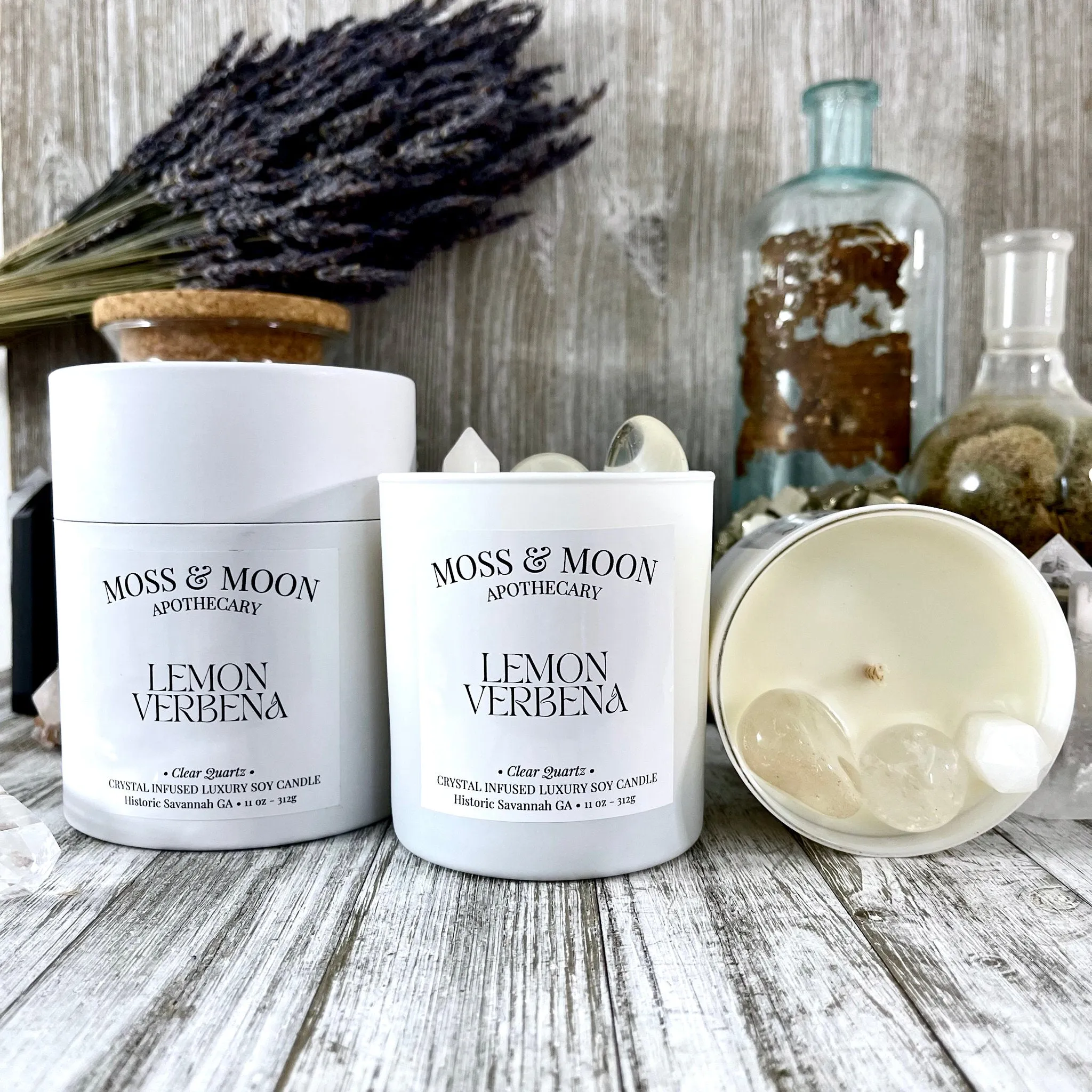 Lemon Verbena Candle with Clear Quartz - Moss & Moon Apothecary Luxury Soy Crystal Candle /