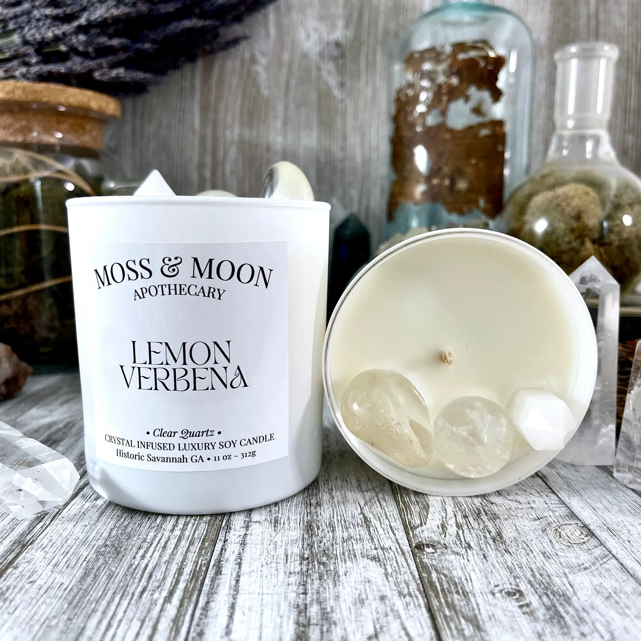 Lemon Verbena Candle with Clear Quartz - Moss & Moon Apothecary Luxury Soy Crystal Candle /