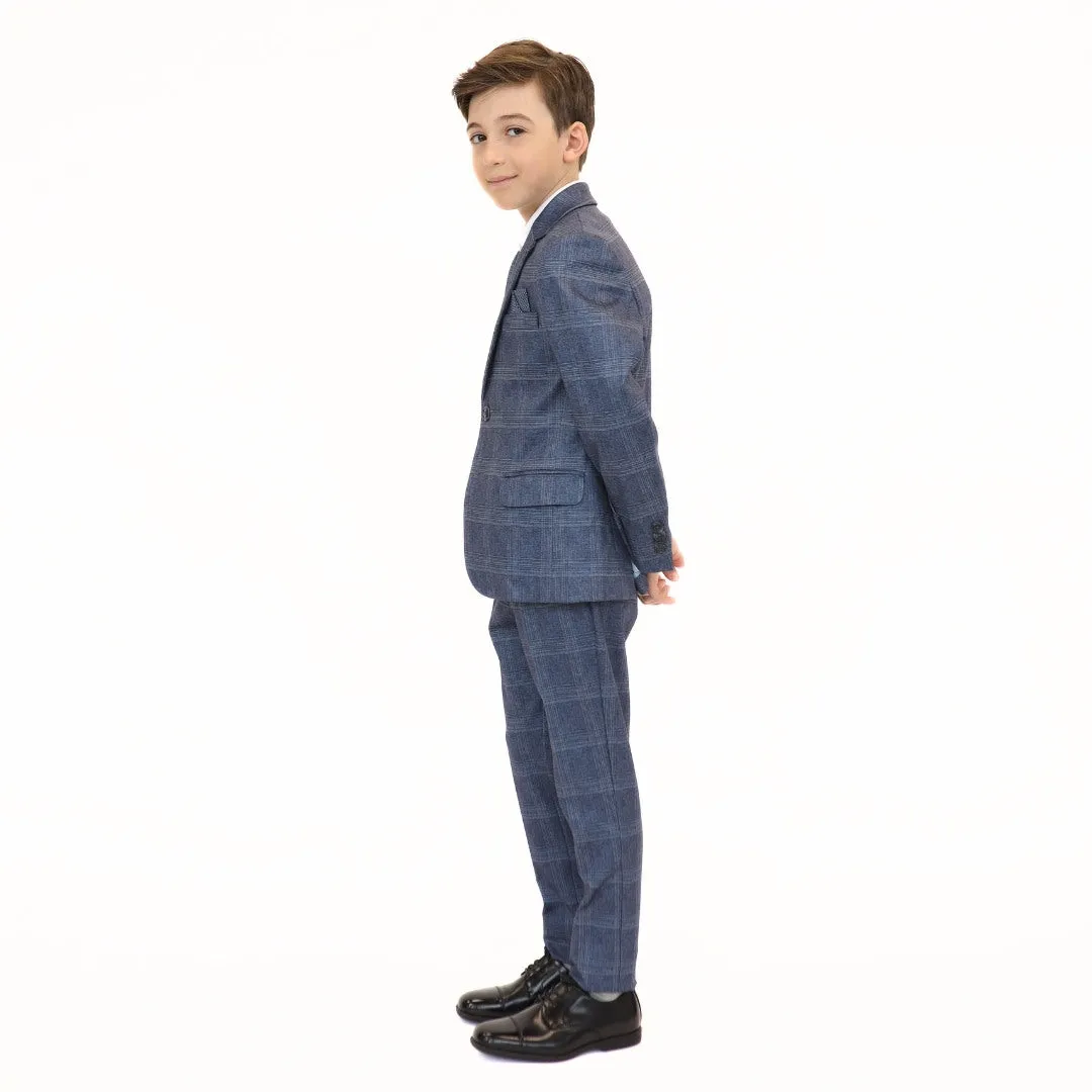 Leo & Zachary Boys Slim Denim Plaid Stretch Suit_Blue 5820