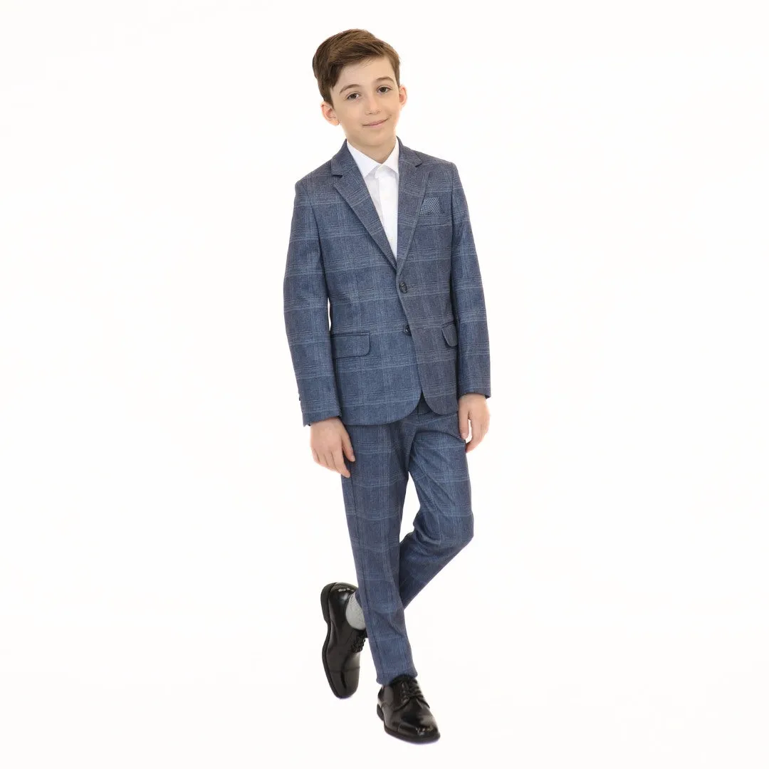 Leo & Zachary Boys Slim Denim Plaid Stretch Suit_Blue 5820